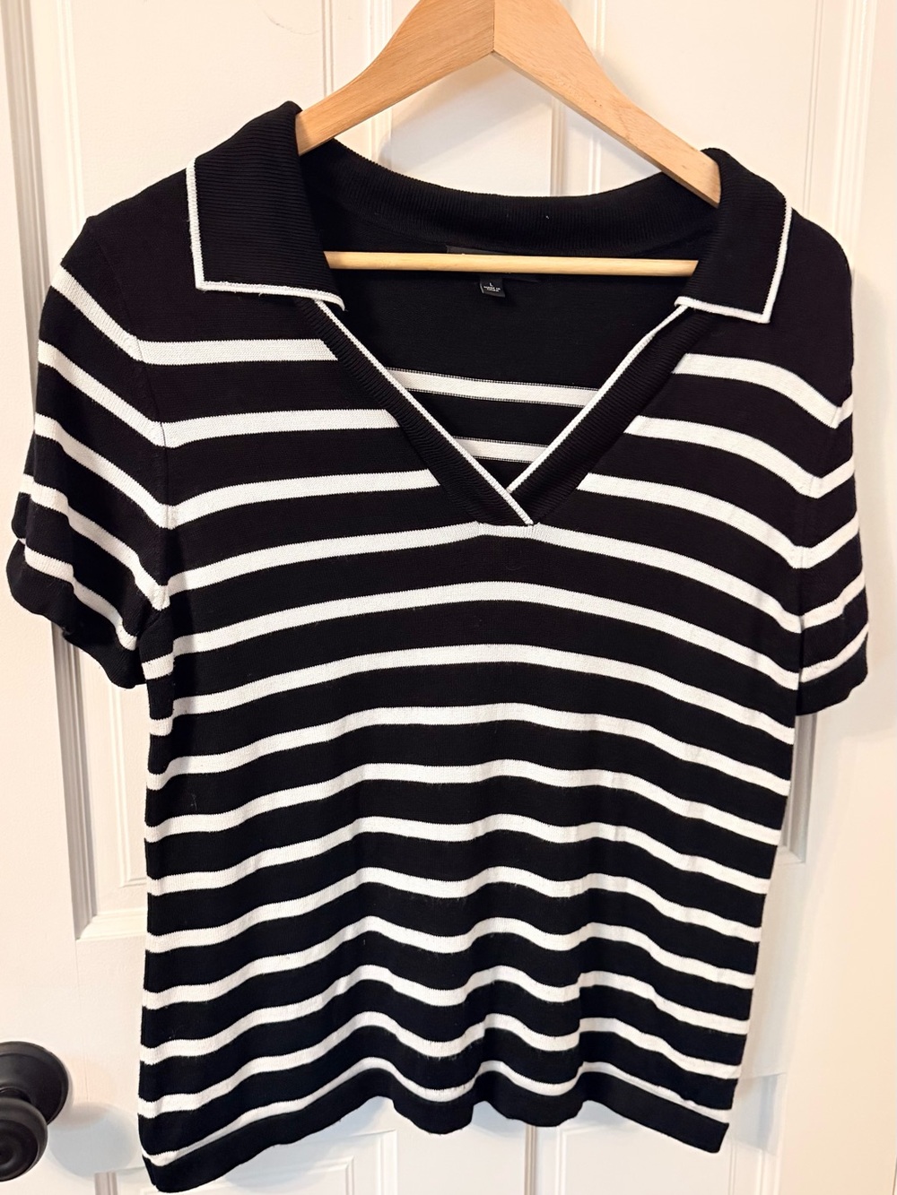 Liverpool Black and White Striped V-Neck Polo Tee with Contrast Collar
